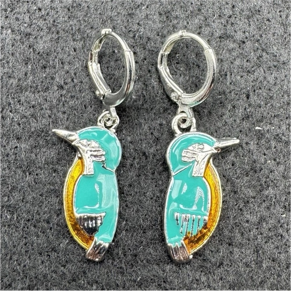 Enamel Bird Dangle Hoop Earrings Silver Tone Blue Yellow Hinged Closure